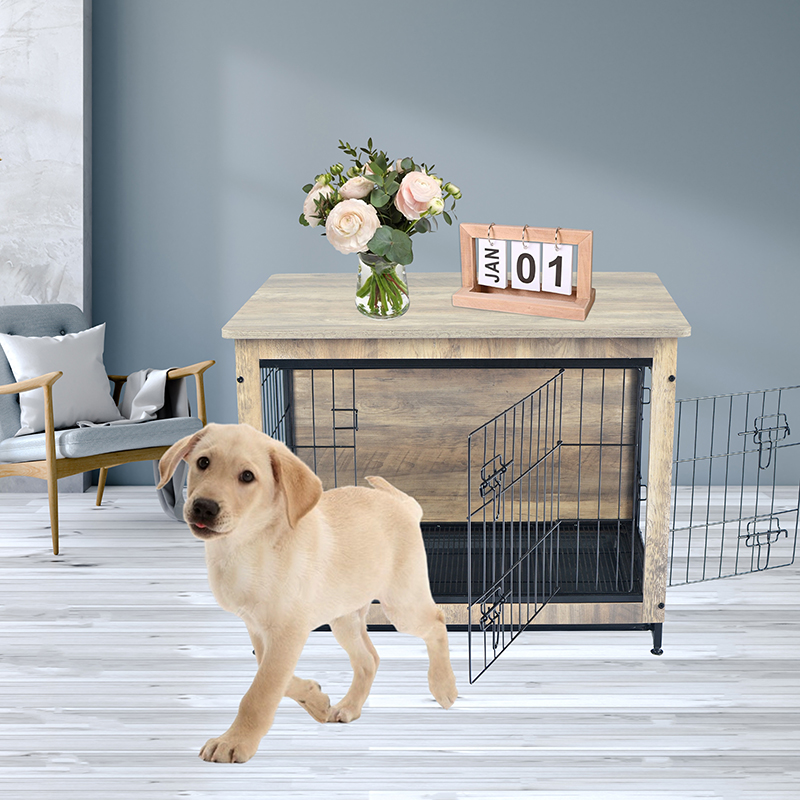 象牙色室内大型木质家具式金属狗笼 象牙色室内大型木质家具式金属狗笼