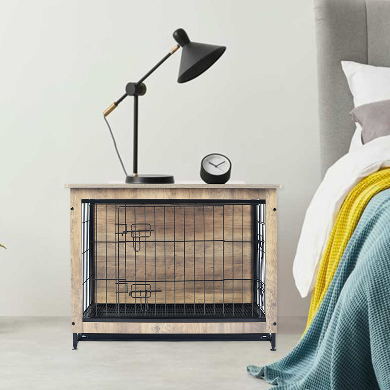 象牙色室内大型木质家具式金属狗笼 象牙色室内大型木质家具式金属狗笼
