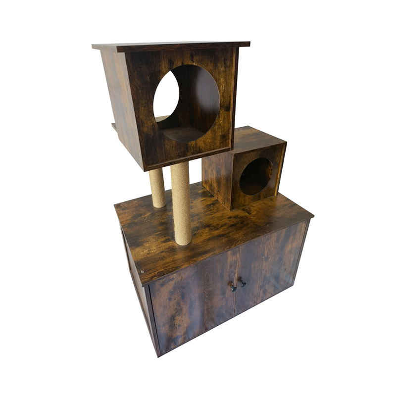 木质猫屋塔楼 带猫砂柜的室内猫树攀爬架